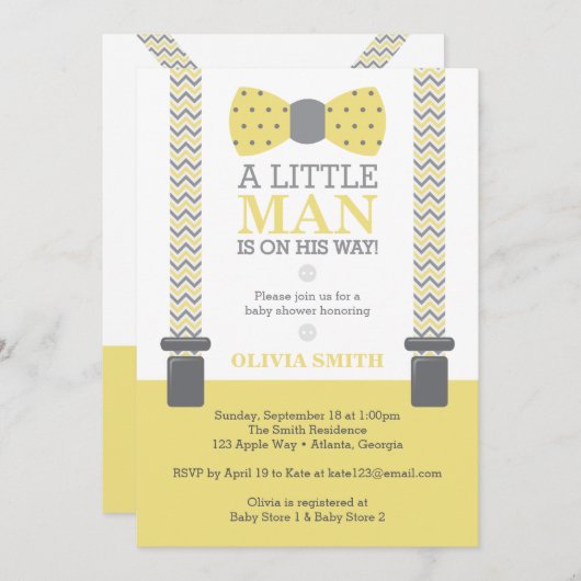 Kleine Man Baby shower uitnodiging, geel, grijs Kaart (Voorkant / Achterkant)