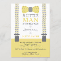 Kleine Man Baby shower uitnodiging, geel, grijs