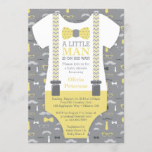 Kleine Man Baby shower uitnodiging, geel, grijs