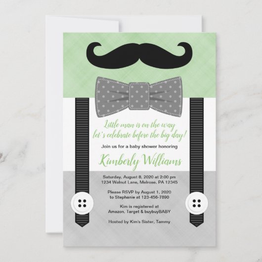 Kleine man baby shower uitnodiging groene bowtie (Voorkant)