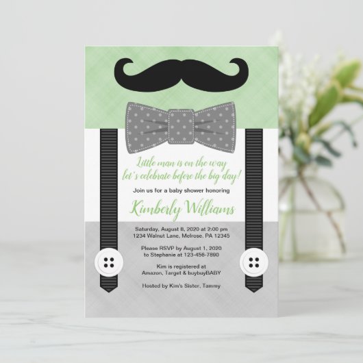 Kleine man baby shower uitnodiging groene bowtie (Staand voorkant)