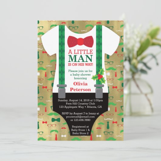 Kleine Man Baby shower Uitnodiging, Kerst Kaart (Staand voorkant)