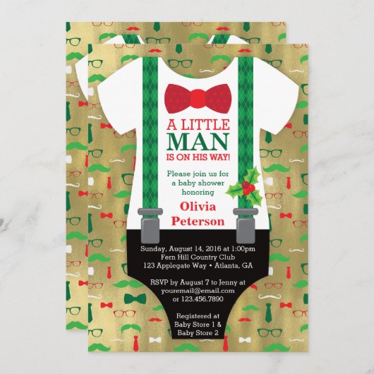 Kleine Man Baby shower Uitnodiging, Kerst Kaart (Voorkant / Achterkant)