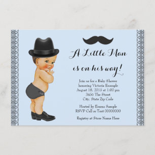 Kleine Man Blauwe en Zwarte Snor Baby Shower Kaart