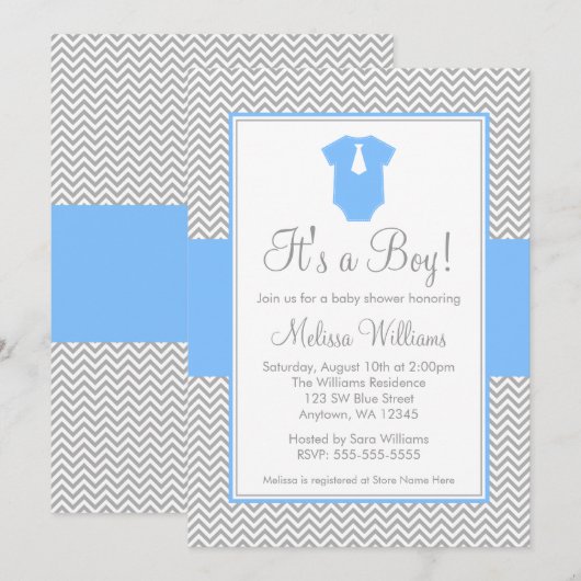 Kleine Man Chevron Gray Blue Baby shower Kaart (Voorkant / Achterkant)