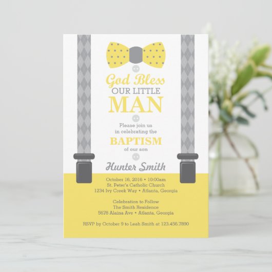Kleine Man doop uitnodiging, geel, grijs Kaart (Staand voorkant)