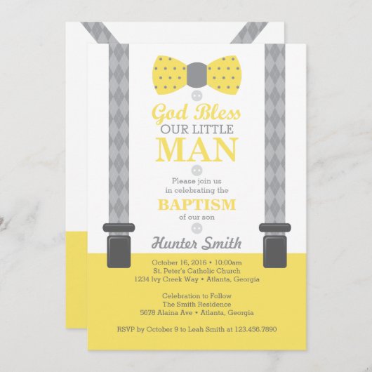 Kleine Man doop uitnodiging, geel, grijs Kaart (Voorkant / Achterkant)