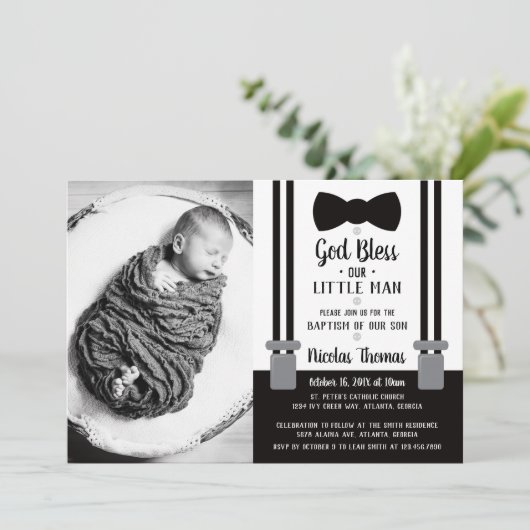 Kleine Man doop uitnodiging, zwart Kaart (Staand voorkant)