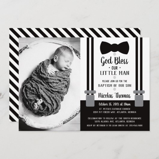 Kleine Man doop uitnodiging, zwart Kaart (Voorkant / Achterkant)