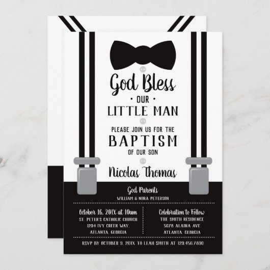 Kleine Man doop uitnodiging, zwart, wit Kaart (Voorkant / Achterkant)