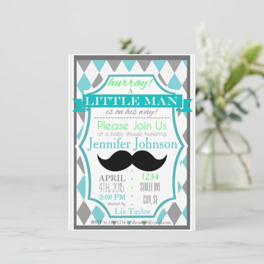Kleine Man Mustache Baby Shower-uitnodigingen Kaart (Staand voorkant)