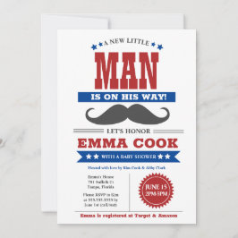 Kleine Man Mustache Bash Baby shower rood blauw Kaart