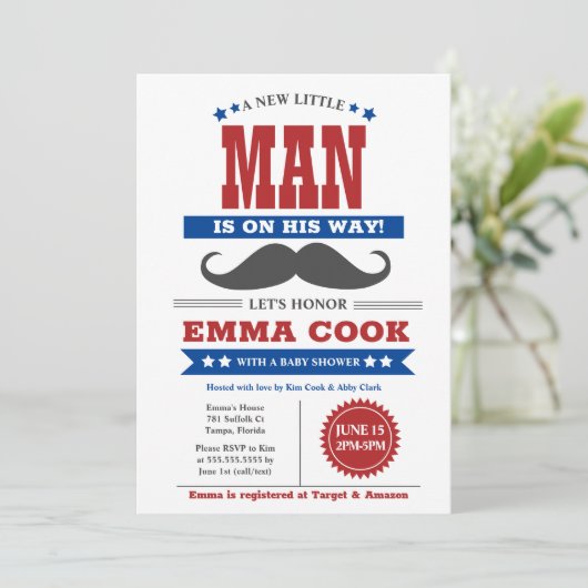 Kleine Man Mustache Bash Baby shower rood blauw Kaart (Staand voorkant)