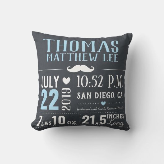 Kleine Man Mustache New Baby Boy Birth Stats Kussen (Voorkant)