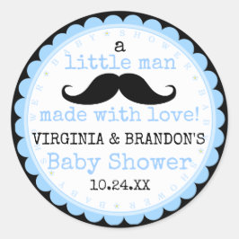 Kleine Man snor blauw Baby shower Gast Favor Ronde Sticker