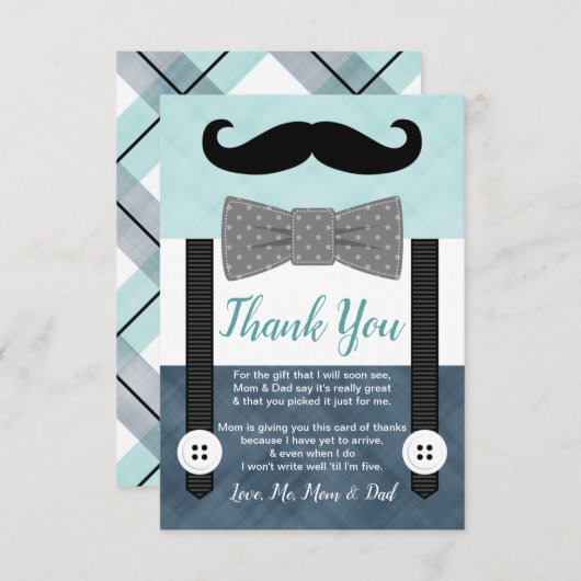 kleine man snor jongen dolk blauw baby shower bedankkaart (Voorkant / Achterkant)