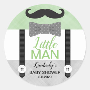 Kleine mannen snor groen grijs jongen baby shower ronde sticker