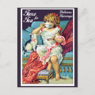 Kleine meid drink thee,  kunst briefkaart