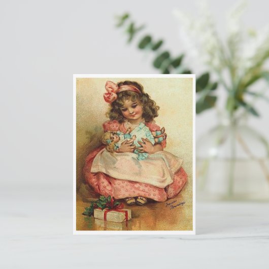 Kleine meid met haar pop en kerstcadeau briefkaart (Staand voorkant)