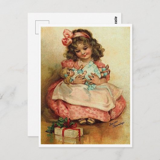 Kleine meid met haar pop en kerstcadeau briefkaart (Voorkant / Achterkant)