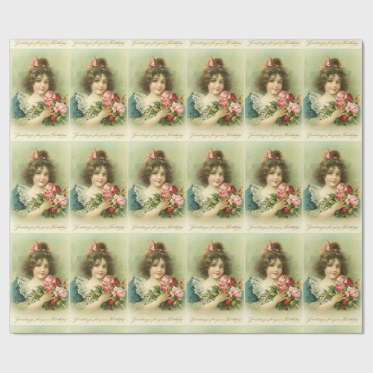 Kleine meid met roze rozen, Birthday Cadeaupapier (Vlak)