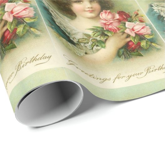 Kleine meid met roze rozen, Birthday Cadeaupapier (Rol Hoek)