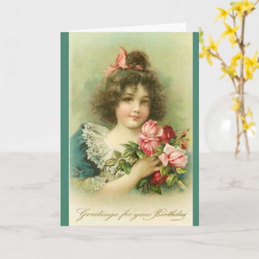 Kleine meid met roze rozen, Birthday Kaart (Gele Bloem)