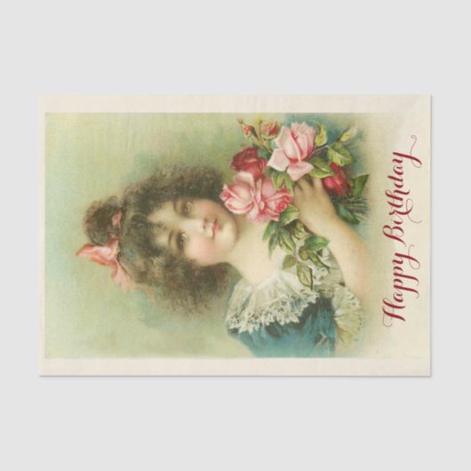 Kleine meid met roze rozen, Birthday Tissuepapier (Voorkant)