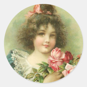 Kleine meid met roze rozenValentijnsdag Ronde Sticker