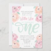 Kleine meisje 1e verjaardagsfeestje bloem uitnodig kaart (Voorkant)