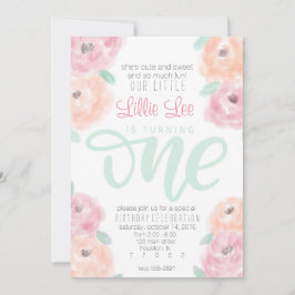 Kleine meisje 1e verjaardagsfeestje bloem uitnodig kaart