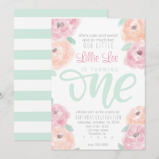 Kleine meisje 1e verjaardagsfeestje bloem uitnodig kaart (Voorkant / Achterkant)