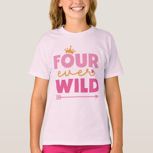 Kleine Meisje 4e Verjaardag Vier Ever Wild Crown T-shirt (Voorkant)