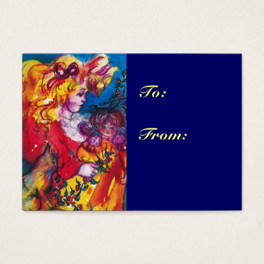 KLEINE MEISJE, CAT, DOLL Blue-kerstcadeau Visitekaartjes (Voorkant)