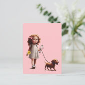 Kleine Meisje die Dachshund lopen Briefkaart (Staand voorkant)