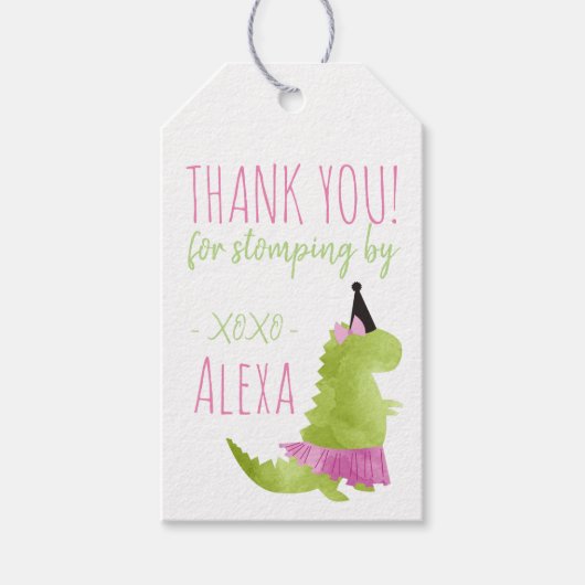 Kleine Meisje Dinosaurus Tutu Roze Groene Verjaard Cadeaulabel (Voorkant)