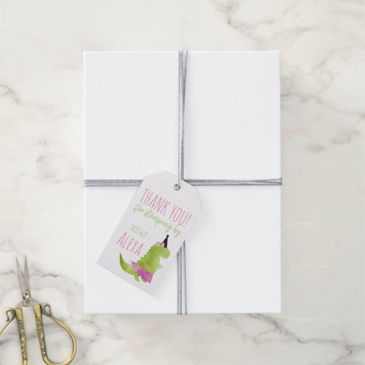 Kleine Meisje Dinosaurus Tutu Roze Groene Verjaard Cadeaulabel (Met Touw)