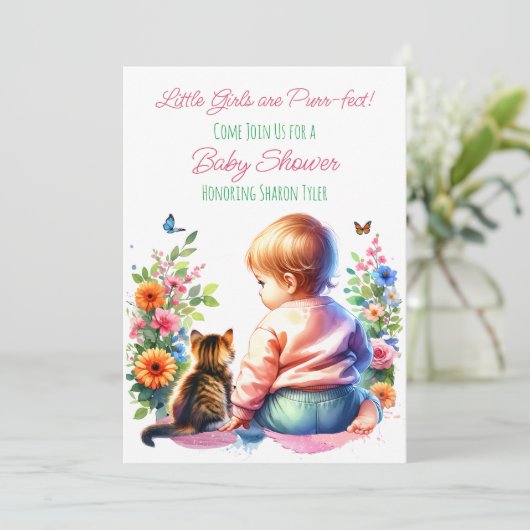 Kleine Meisje en Kitten | BABY SHOWER WATERVERF Kaart (Staand voorkant)