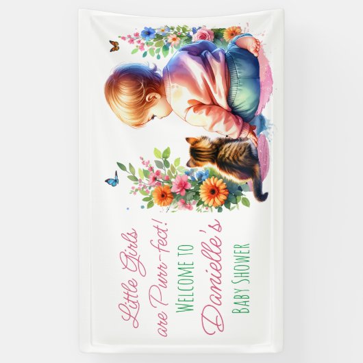 Kleine Meisje en Kitten | BABY SHOWER WATERVERF Spandoek (Verticaal)
