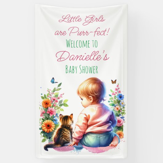 Kleine Meisje en Kitten | BABY SHOWER WATERVERF Spandoek (Verticaal)