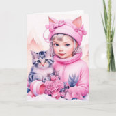 Kleine  Meisje en Lief Kitten Kerstmis Kaart (Voorkant)