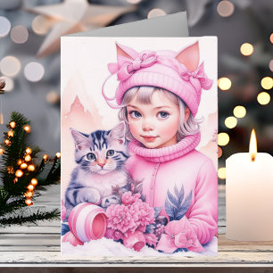 Kleine  Meisje en Lief Kitten Kerstmis Kaart