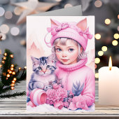 Kleine  Meisje en Lief Kitten Kerstmis Kaart