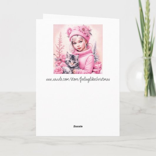 Kleine  Meisje en Sweet Kitten Joyeux Noël Kaart (Achterkant)