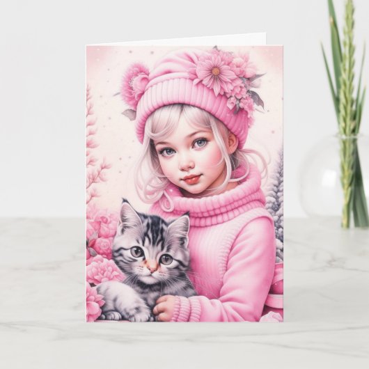 Kleine  Meisje en Sweet Kitten Joyeux Noël Kaart (Voorkant)