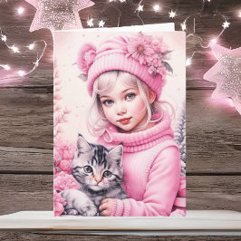Kleine Meisje en Sweet Kitten Joyeux Noël Kaart