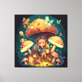 Kleine meisje in paddenstoelen canvas afdruk