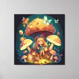 Kleine meisje in paddenstoelen canvas afdruk