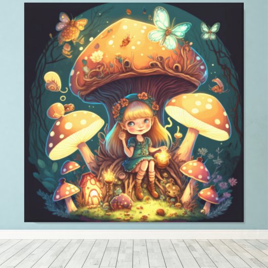Kleine meisje in paddenstoelen canvas afdruk (Insitu (Houten vloer))