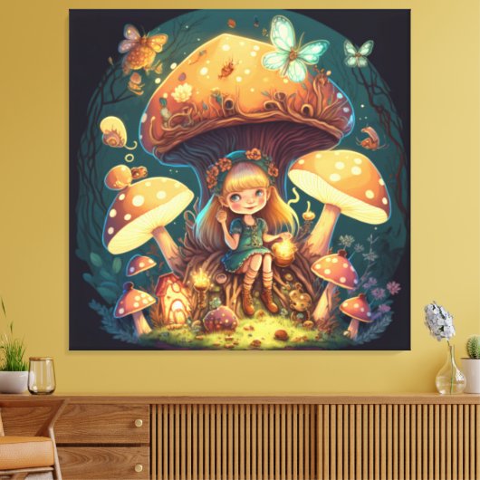 Kleine meisje in paddenstoelen canvas afdruk (Insitu (Woonkamer))